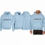 Hanorac bărbați personalizat albastru light din bumbac premium cu glugă reglabilă și buzunar frontal tip kangaroo, prezentare produs cu multiple perspective care evidențiază croiala masculină modernă și materialul confortabil iRealPrint