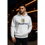 Hanorac bărbați personalizat alb din bumbac premium cu glugă reglabilă și buzunar frontal tip kangaroo, design iRealPrint modern care evidențiază croiala masculină, confortul materialului și eleganța stilului urban contemporan