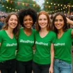 Grup de femei purtând tricouri damă verde mediu cu anchior în V personalizate, atmosferă festivă și stil casual modern