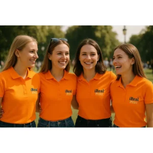 Echipă de femei purtând tricouri polo damă personalizate orange cu logo, branding vizibil și atmosferă dinamică în parc