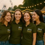 Grup de femei purtând tricouri polo damă verde militar personalizate cu logo, echipă unită la eveniment în aer liber