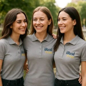 Femeie purtând tricou polo damă gri închis personalizat cu logo într-un decor elegant, imagine modernă pentru echipe corporate