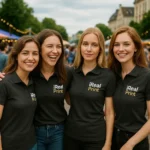Grup de femei purtând tricouri polo damă gri antracit personalizate cu logo la eveniment outdoor, imagine de echipă cu branding vizibil