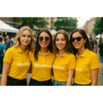 Grup de femei purtând tricouri polo damă galbene personalizate cu logo iRealPrint la eveniment urban, echipă promoțională vizibilă