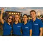 Grup de tineri purtând tricouri polo damă personalizate albastru regal în cadrul unui eveniment festiv, ilustrând utilizarea pentru echipe promoționale și activări de brand
