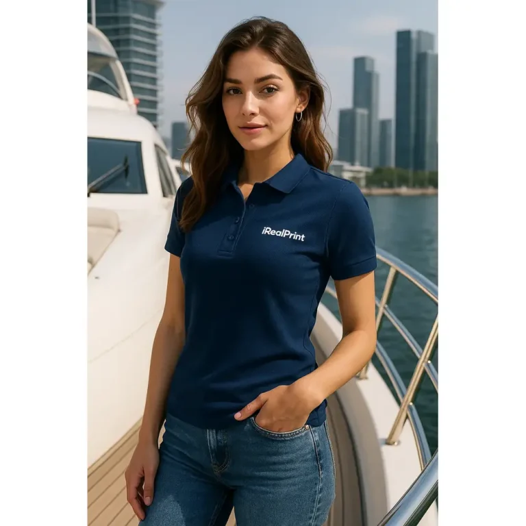 Model feminin purtând tricou polo damă personalizat albastru nocturn într-un cadru urban premium, evidențiind stilul business-casual și vizibilitatea brandingului aplicat pe piept
