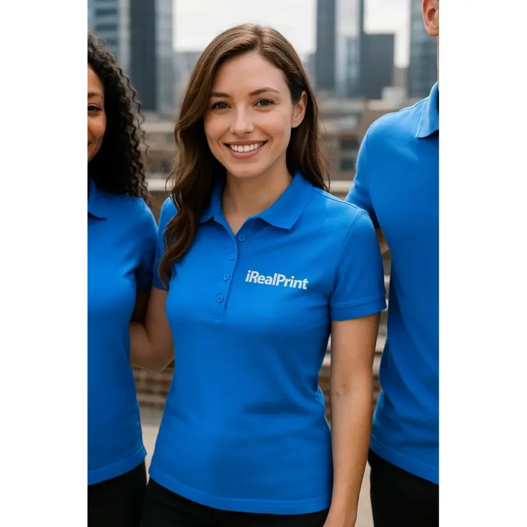 Model feminin purtând tricou polo damă personalizat albastru alături de echipă într-un cadru urban modern, ilustrând utilizarea pentru uniforme corporate și branding profesional