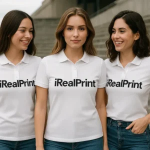 Grup de femei purtând tricouri polo damă personalizate albe într-un cadru urban modern, ilustrând utilizarea pentru uniforme corporate și identitate de brand