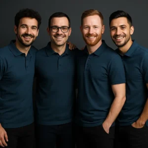 Grup de bărbați purtând tricouri polo bărbați personalizate albastru navy într-un cadru profesional, ilustrând utilizarea pentru uniforme corporate și identitate de echipă