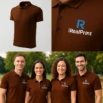Tricou polo bărbați personalizat culoare ciocolată cu logo iRealPrint aplicat pe piept, design elegant pentru branding corporate și uniforme profesionale
