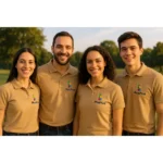 Echipă purtând tricouri polo personalizate crem cu logo iRealPrint într-un context natural, uniforme elegante pentru branding vizual și identitate de echipă