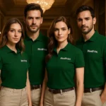 Detaliu personalizare logo iRealPrint aplicat prin transfer termic pe tricou polo bărbați personalizat verde sticlă, evidențiind textura materialului și claritatea imprimării