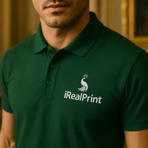 Detaliu logo iRealPrint aplicat pe tricou polo bărbați personalizat verde dark, material textil premium și contrast elegant pentru branding corporate