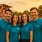 Grup de persoane purtând tricouri polo personalizate turcoaz închis la un eveniment outdoor, imagine de echipă pentru branding vizibil și identitate profesională