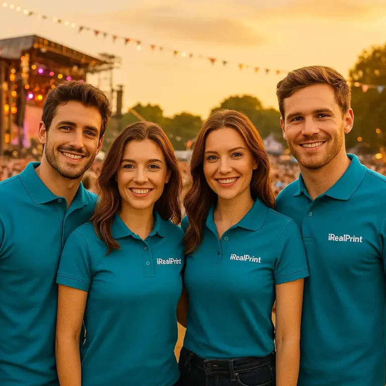 Grup de persoane purtând tricouri polo personalizate turcoaz închis la un eveniment outdoor, imagine de echipă pentru branding vizibil și identitate profesională