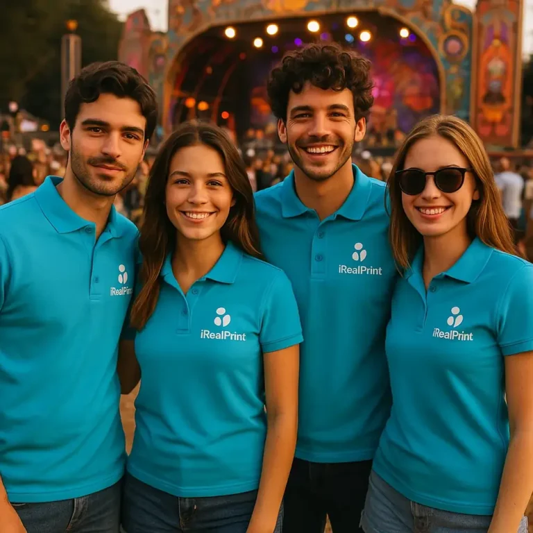 Grup de persoane purtând tricouri polo personalizate turcoaz cu logo iRealPrint la un eveniment, imagine de echipă pentru branding modern și vizibilitate mare