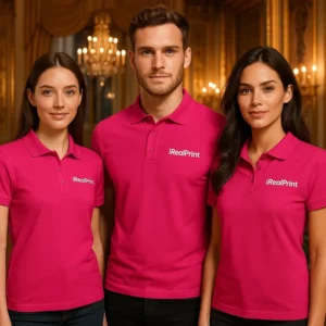 Echipă purtând tricouri polo bărbați personalizate purpurii într-un cadru elegant, imagine premium pentru branding corporate și identitate vizuală distinctă