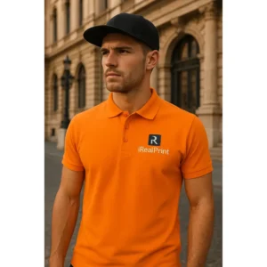 Bărbat purtând tricou polo personalizat orange cu logo iRealPrint într-un cadru urban elegant, stil modern pentru branding vizibil și imagine profesională