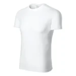Tricou unisex personalizat alb prezentat frontal pe fundal neutru, croială universală din bumbac potrivită pentru branding și personalizare