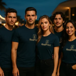 Grup de persoane purtând tricouri unisex personalizate albastru închis cu logo iRealPrint, imagine de echipă pentru branding și identitate vizuală