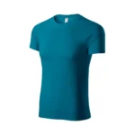 Tricou unisex personalizat albastru petrol prezentat din perspectivă laterală pe fundal neutru, croială universală din bumbac confortabil