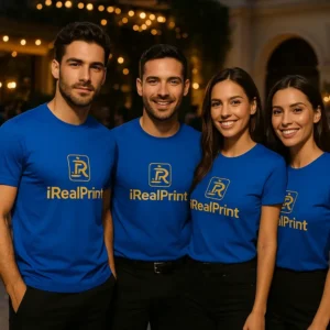 Grup de persoane purtând tricouri unisex personalizate albastru regal cu logo iRealPrint, imagine de echipă pentru branding și evenimente