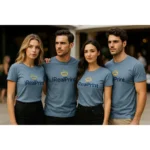 Grup de persoane purtând tricouri unisex personalizate culoare denim cu logo iRealPrint, imagine de echipă pentru branding și evenimente