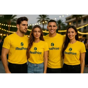 Grup de persoane purtând tricouri unisex personalizate galbene cu logo iRealPrint, imagine de echipă pentru branding și evenimente