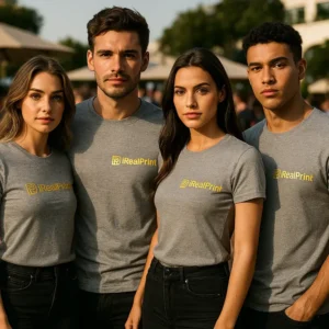 Grup de persoane purtând tricouri unisex personalizate gri închis cu logo iRealPrint, imagine de echipă pentru branding și evenimente
