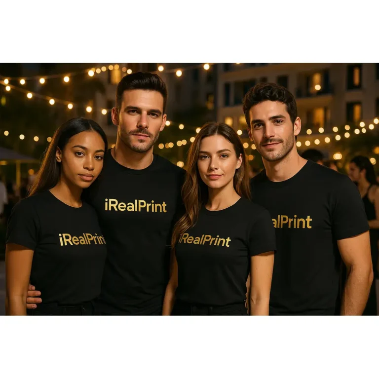 Grup de persoane purtând tricouri unisex personalizate negre cu logo iRealPrint într-un cadru de eveniment, imagine de echipă pentru branding și identitate vizuală