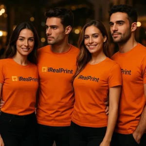 Grup de persoane purtând tricouri unisex personalizate portocalii cu logo iRealPrint, imagine de echipă pentru branding și evenimente
