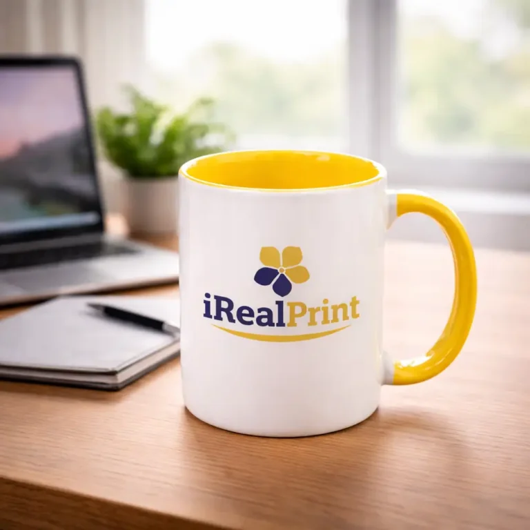 Cană personalizată cu interior galben gold și logo iRealPrint plasată pe birou lângă laptop și agendă, sugerând utilizarea zilnică într-un mediu office modern