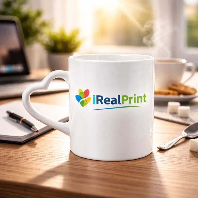 Cană personalizată 350ml cu mâner inimă și logo iRealPrint plasată pe birou lângă laptop și agendă, sugerând utilizarea zilnică într-un mediu office modern