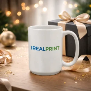 Cană albă personalizată 450ml cu logo iRealPrint prezentată lângă o cutie cadou elegantă pe fundal festiv, sugerând un cadou premium pentru ocazii speciale