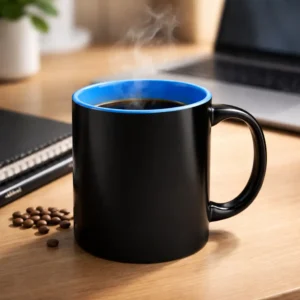 Cana termosensibila personalizata albastru pe birou cu cafea fierbinte si abur vizibil, ilustrand utilizarea zilnica si efectul termic al produsului