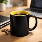 Cana termosensibila personalizata galben cu cafea fierbinte pe birou langa laptop, ilustrand utilizarea zilnica si efectul termic al produsului