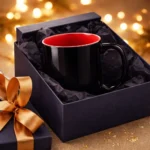 Cana termosensibila personalizata rosu cherry prezentata intr-o cutie cadou eleganta cu panglica aurie, ideala pentru surprize memorabile si cadouri personalizate