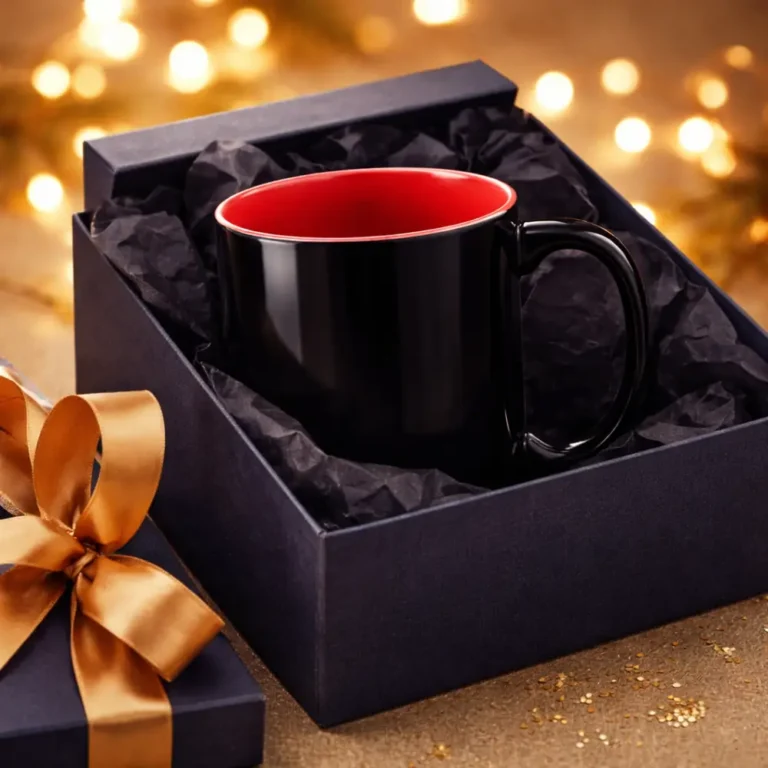 Cana termosensibila personalizata rosu cherry prezentata intr-o cutie cadou eleganta cu panglica aurie, ideala pentru surprize memorabile si cadouri personalizate