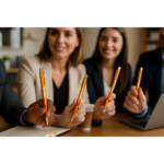 Pix metalic aluminiu personalizat Hello portocaliu utilizat într-o întâlnire de echipă la birou, pix promoțional metalic personalizat cu logo pentru conferințe și branding corporate