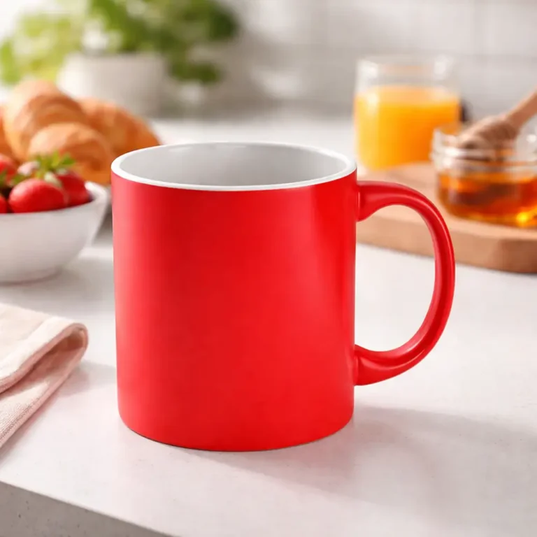 Cana termosensibila personalizata rosu lucios pe masa de mic dejun langa croissant si suc de portocale, sugerand utilizarea zilnica intr-un moment relaxantru personalizare