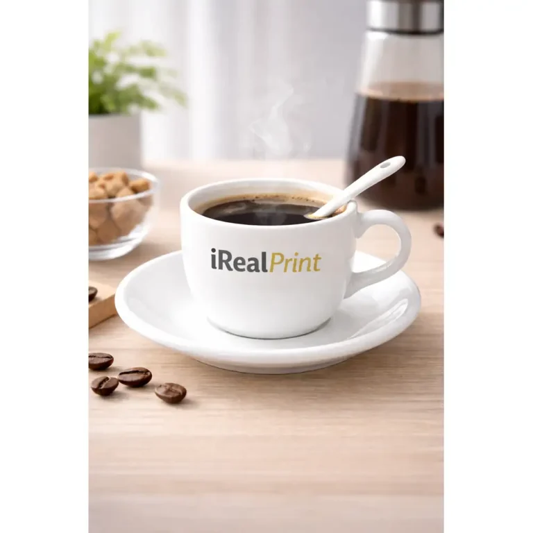 Set ceașcă cafea personalizată cu linguriță și farfurie și logo iRealPrint servit cu cafea fierbinte pe masă, alături de boabe de cafea și accesorii pentru preparare