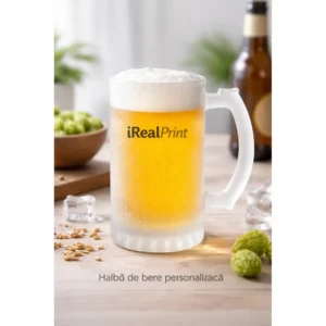 Halbă de bere personalizată cu logo iRealPrint plină cu bere rece și spumă densă, prezentată pe masă alături de ingrediente pentru bere și cuburi de gheață