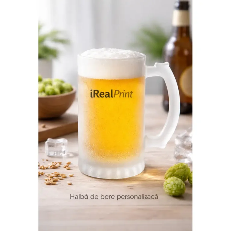 Halbă de bere personalizată cu logo iRealPrint plină cu bere rece și spumă densă, prezentată pe masă alături de ingrediente pentru bere și cuburi de gheață