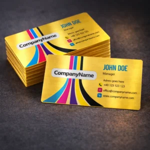 Cărți de vizită metalice gold personalizate cu design modern și finisaj auriu luxos, ideale pentru profesioniști și companii care doresc o identitate vizuală premium