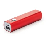 Power bank roșu 2600 mAh din aluminiu, prezentare simplă de produs pe fundal neutru, evidențiind finisajul metalic și designul compact promoțional