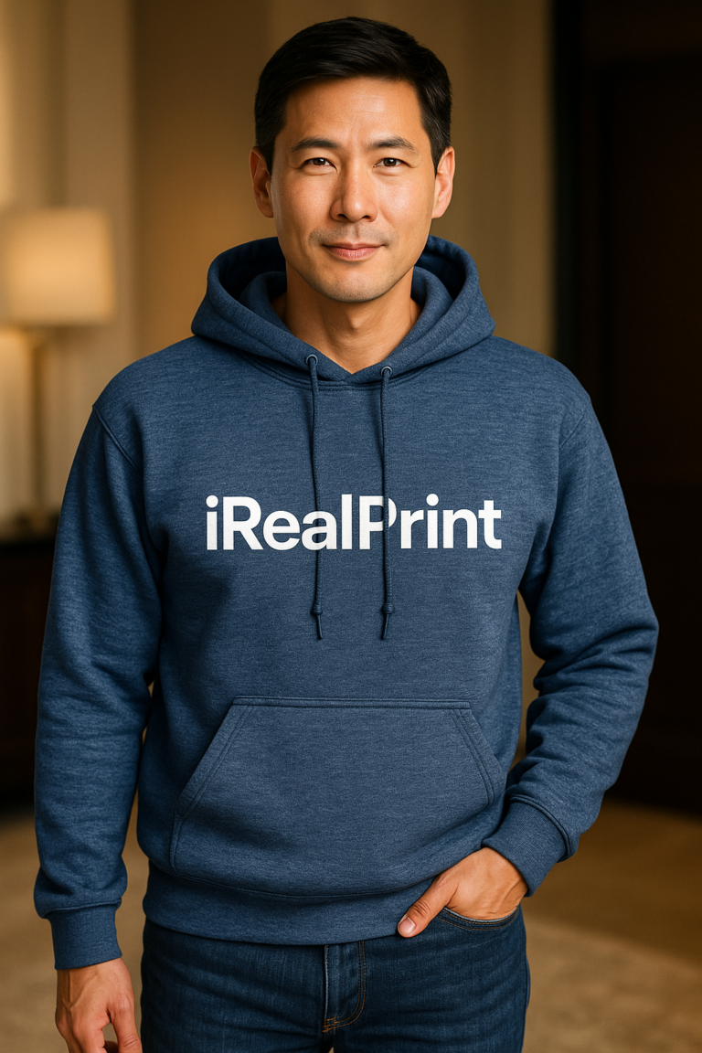 Hanorac bărbați personalizat heather navy cu logo iRealPrint aplicat frontal într-un design minimalist modern, evidențiind textura materialului melanj, croiala masculină și impactul vizual elegant al personalizării