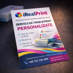 Flyer A5 personalizat realizat prin tipar profesional pentru promovarea serviciilor de print și materialelor publicitare.