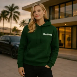 Hanorac verde forest damă personalizat integrat într-un outfit urban modern, stil curat și rafinat pentru utilizare zilnică