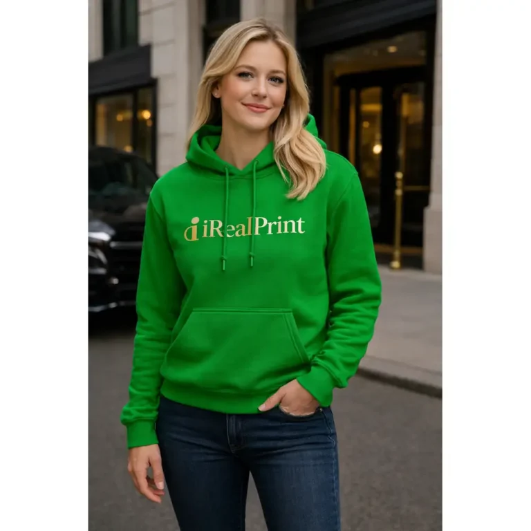 Hanorac verde irish dama personalizat purtat in oras, look lifestyle vibrant cu prezenta vizuala puternica si stil casual modern