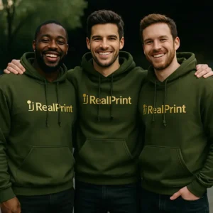 Grup de barbati purtand hanorace verde militar personalizate, imagine de echipa coerenta cu branding vizibil si stil profesionist